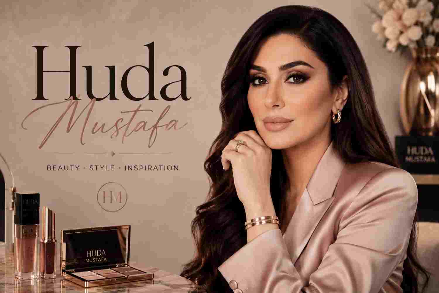 Huda Mustafa beauty and fashion portrait with elegant makeup and luxury style