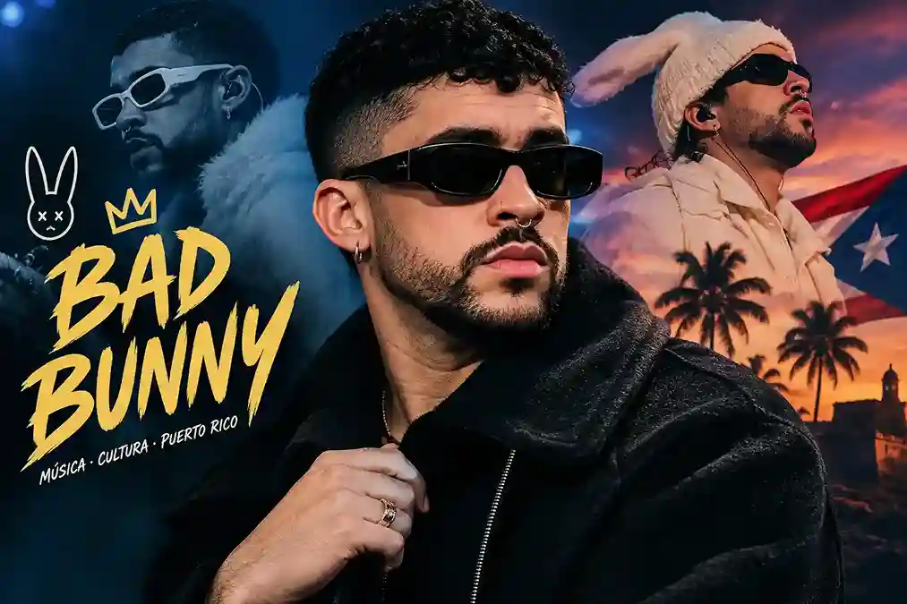 Bad Bunny portrait featuring his music career and Puerto Rican culture